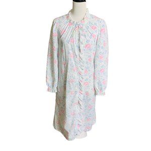 VTG Miss Elaine Womens Nightgown Size XS Floral Snap Front Long Sleeve Pockets